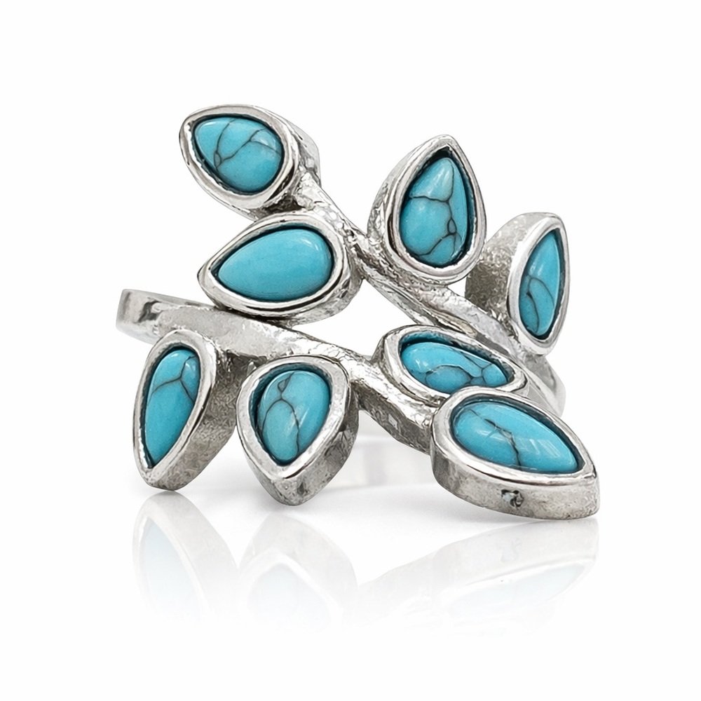 925 Sterling Silver Turquoise Wrap Ring Leaf Design Adjustable Boho Statement 7